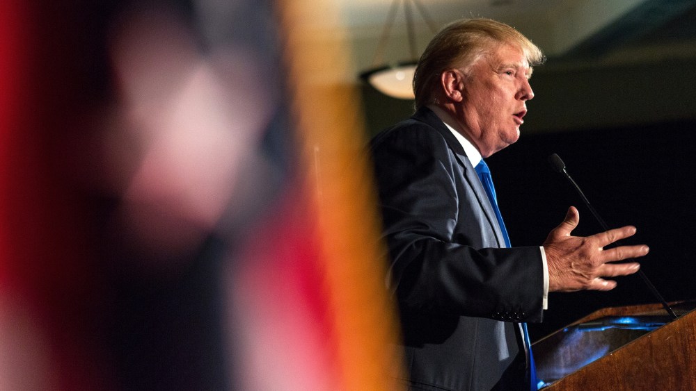 Donald Trump speaks during the Republican Society Patriot Dinner at the Citadel Military College on Feb. 22, 2015 in Charleston, S.C. (Photo by Richard Ellis/Getty)