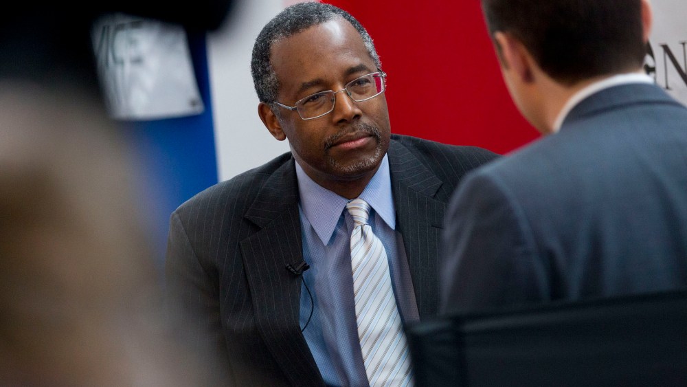 Ben Carson listens to a question during an interview during the Conservative Political Action Conference (CPAC) in National Harbor, Md. on Feb. 26, 2015. (Photo by Andrew Harrer/Bloomberg/Getty)