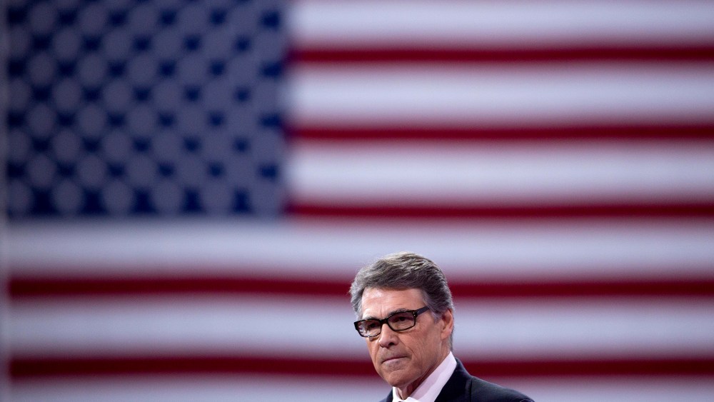 Rick Perry pauses while speaking during the Conservative Political Action Conference (CPAC) in National Harbor, Md., on Feb. 27, 2015. (Photo by Andrew Harrer/Bloomberg via Getty)