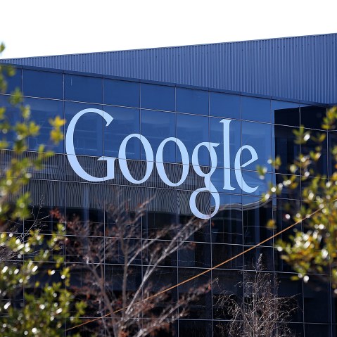 A sign is posted on the exterior of Google headquarters on Jan. 30, 2014 in Mountain View, Calif. (Photo by Justin Sullivan/Getty)