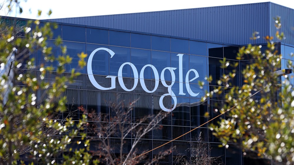 A sign is posted on the exterior of Google headquarters on Jan. 30, 2014 in Mountain View, Calif. (Photo by Justin Sullivan/Getty)