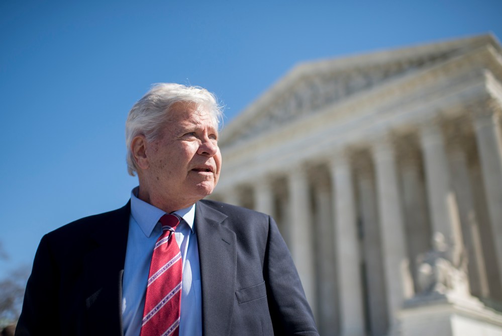 Former Rep. Ben "Cooter" Jones, member of the Sons of Confederate Veterans, speaks outside of the U.S. Supreme Court following arguments in the Walker v. Sons of Confederate Veterans case, March 23, 2015. (Photo By Bill Clark/CQ Roll Call/Getty)