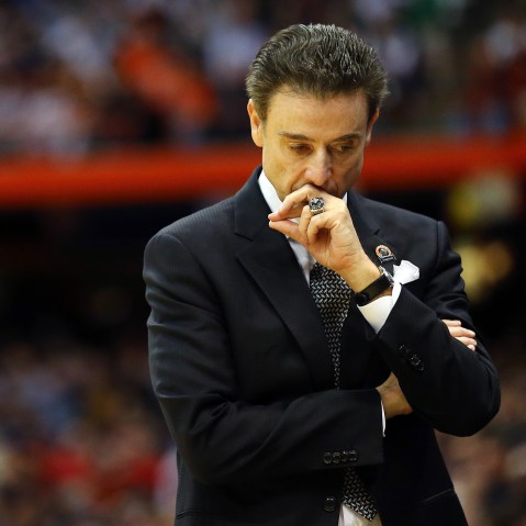 Head coach Rick Pitino of the Louisville Cardinals reacts in the first half of a game during the 2015 NCAA Men's Basketball Tournament on March 27, 2015 in Syracuse, N.Y. (Photo by Maddie Meyer/Getty)