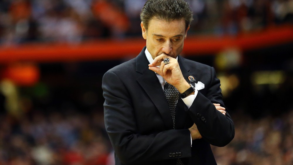 Head coach Rick Pitino of the Louisville Cardinals reacts in the first half of a game during the 2015 NCAA Men's Basketball Tournament on March 27, 2015 in Syracuse, N.Y. (Photo by Maddie Meyer/Getty)