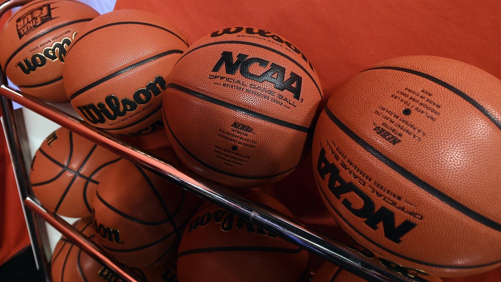 Wilson NCAA basketballs are seen at Lucas Oil Stadium on April 3, 2015 in Indianapolis, Ind. (Photo by Lance King/Getty)
