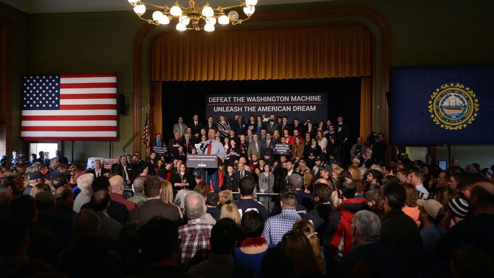 U.S. Sen. Rand Paul (R-KY) speaks during a rally at Town Hall in Milford, N.H. on Apr. 8, 2015 (Photo by Darren McCollester/Getty).