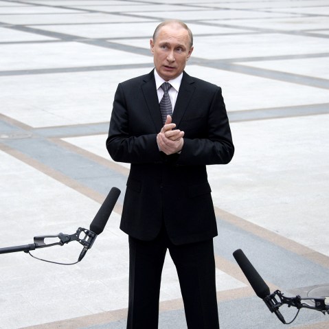 Russian President Vladimir Putin speaks with journalists in central Moscow on April 16, 2015. (Photo by Alexander Nemenov/AFP/Getty)