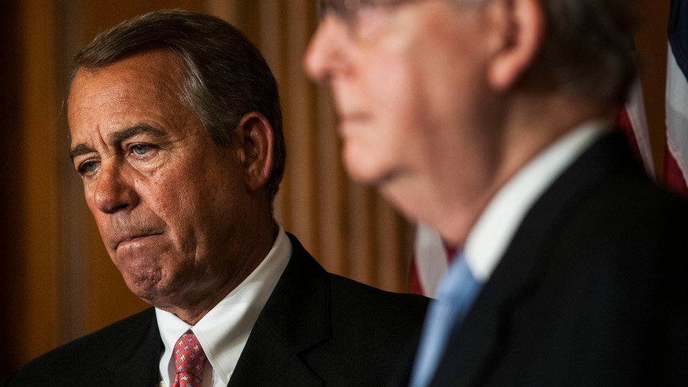 House Speaker John Boehner and Senate Majority Leader Mitch McConnell on April 16, 2015 in Washington, D.C. (Photo by Gabriella Demczuk/Getty)