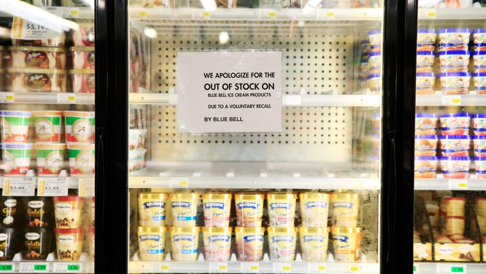 A grocery store's shelves are bare after Blue Bell recalled its products following a Listeria contamination on April 21, 2015 in Overland Park, Kansas. (Photo by Jamie Squire/Getty)