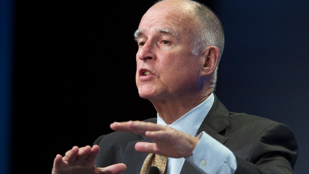 California governor Jerry Brown talks about new efforts to cope with climate change during a panel discussion at the 18th annual Milken Institute Global Conference on April 29, 2015 in Beverly Hills, Calif. (Photo by David McNew/Getty)
