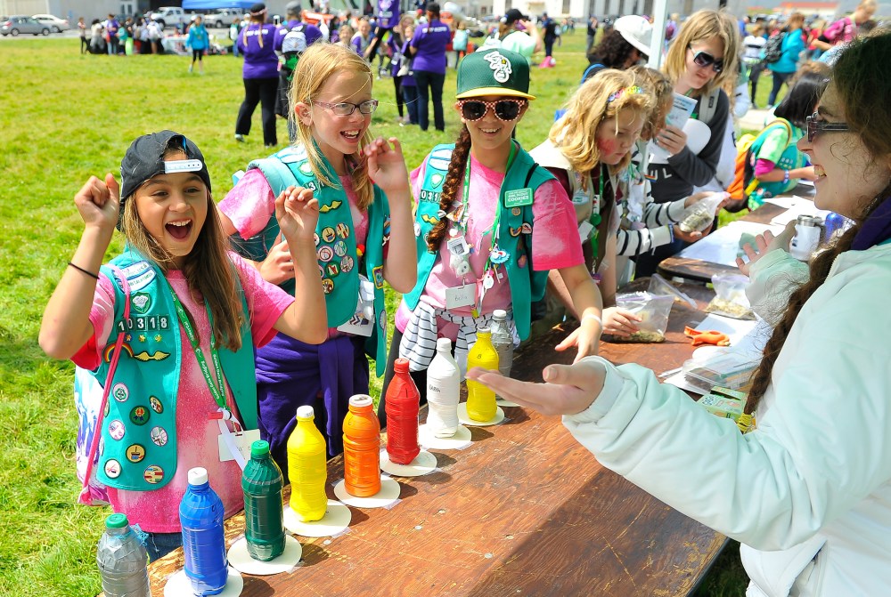 Girl Scouts enjoy ceremony activities at the Girl Scouts of the USA and National Park Service Host a Girl Scout Bridging Ceremony on May 2, 2015 in San Francisco, Calif. (Photo by Steve Jennings/Getty)