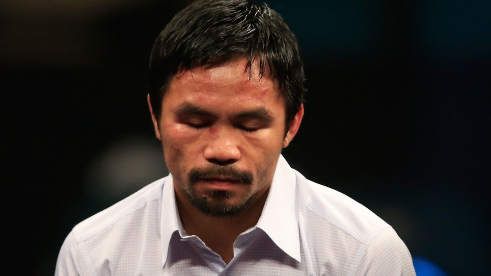 Manny Pacquiao answers questions during the post-fight news conference on May 2, 2015 at MGM Grand Garden Arena in Las Vegas, Nev. (Photo by Jamie Squire/Getty)
