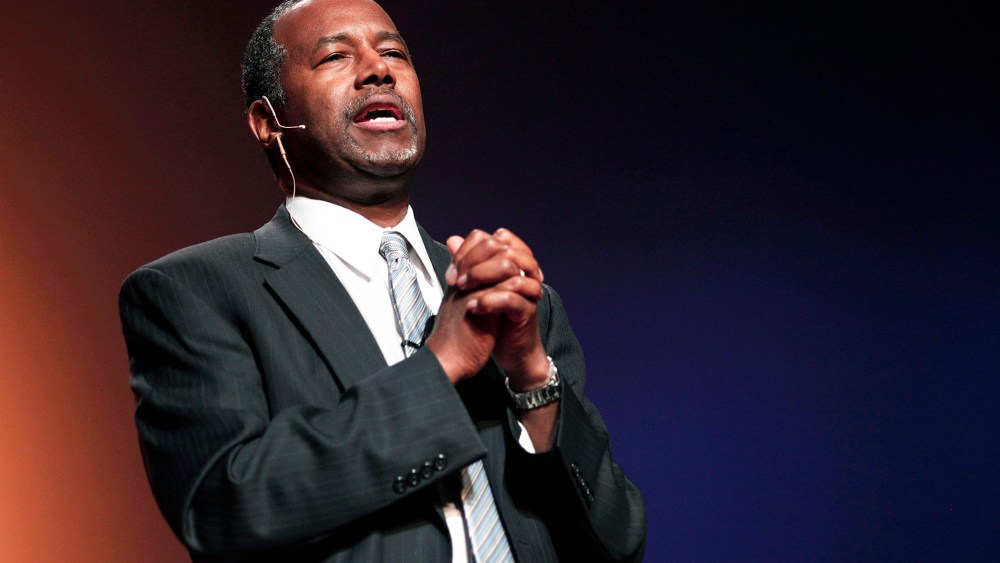 Dr. Ben Carson, a retired pediatric neurosurgeon, speaks as he officially announces his candidacy for President of the United States at the Music Hall Center for the Performing Arts May 4, 2015 in Detroit, Mich. (Photo by Bill Pugliano/Getty)
