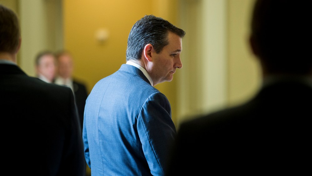 Sen. Ted Cruz, R-Texas, arrives for the Senate Republicans' lunch in the Capitol, May 13, 2015. (Photo By Bill Clark/CQ Roll Call/Getty)