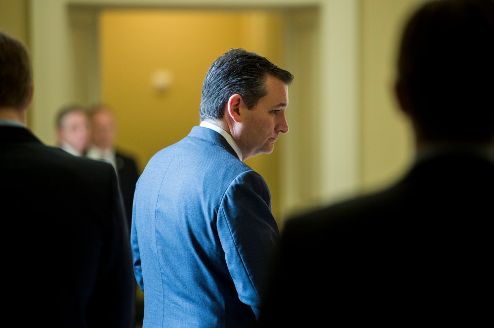Sen. Ted Cruz, R-Texas, arrives for the Senate Republicans' lunch in the Capitol, May 13, 2015. (Photo By Bill Clark/CQ Roll Call/Getty)