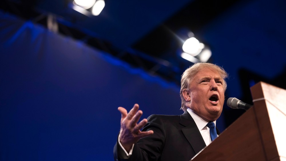Donald Trump, president and chief executive of Trump Organization Inc., speaks during the Republican Party of Iowa's Lincoln Dinner in Des Moines, Iowa, on May 16, 2015. (Photo by Daniel Acker/Bloomberg/Getty)