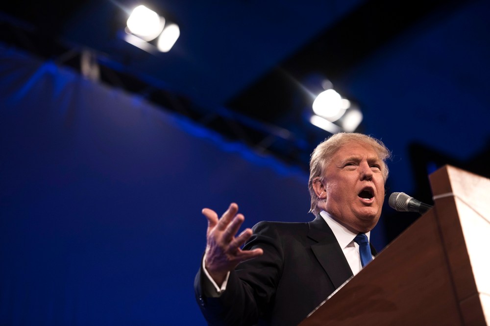 Donald Trump, president and chief executive of Trump Organization Inc., speaks during the Republican Party of Iowa's Lincoln Dinner in Des Moines, Iowa, on May 16, 2015. (Photo by Daniel Acker/Bloomberg/Getty)