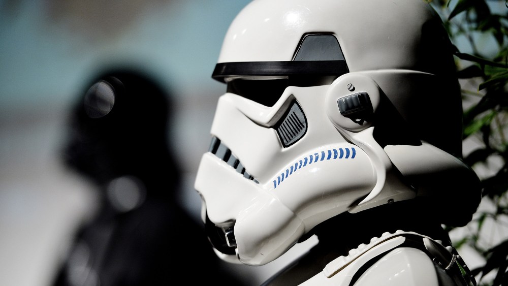 The costume of an imperial stormtrooper is pictured. (Photo by Sascha Steinbach/Getty)