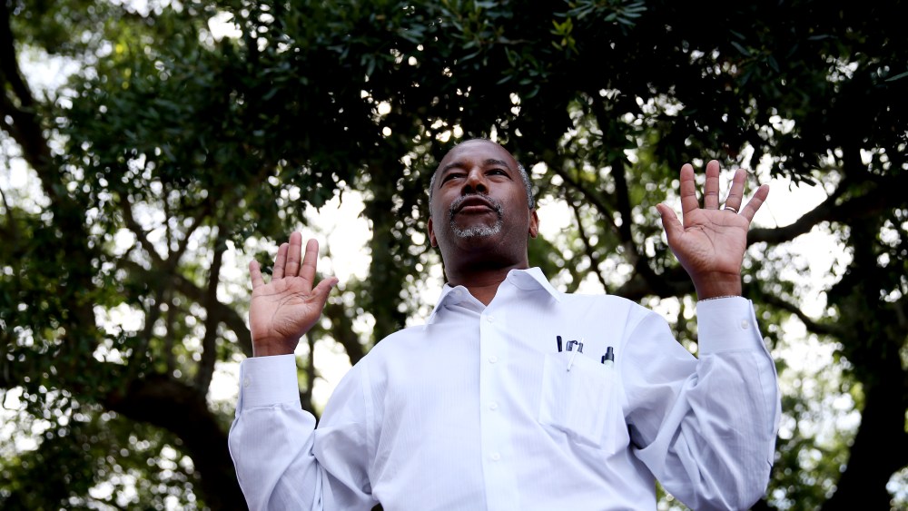 Republican presidential hopeful Ben Carson speaks during a campaign stop at the Mount Pleasant Farmers Market, May 26, 2015 in Mt Pleasant, S.C. (Photo by Joe Raedle/Getty)