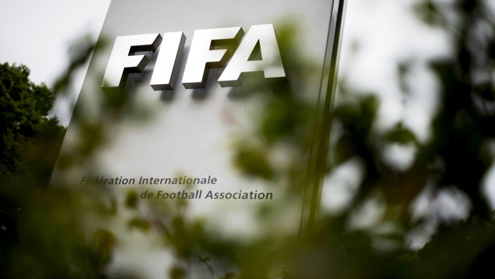 A sign at the World football governing body FIFA's headquarters in Zurich on May 30, 2015. (Photo by Fabrice Coffrini/AFP/Getty)