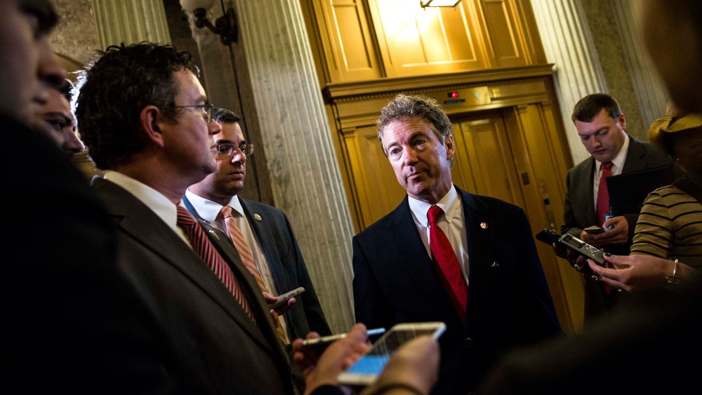 Sen. Rand Paul (R-KY), after speaking on the Senate floor about surveillance legislation, speaks to reporters after exiting the Senate floor on Capitol Hill, May 31, 2015 in Washington, D.C. (Photo by Drew Angerer/Getty)