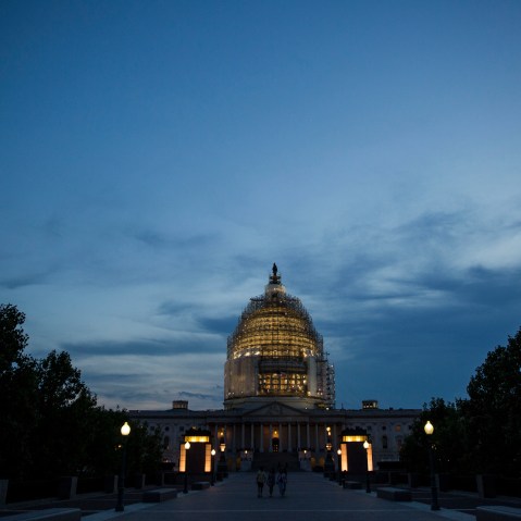 The U.S. Capitol is illuminated at dusk, May 31, 2015 in Washington, DC, just before the National Security Agency's authority to collect bulk telephone data expired on June 1. (Photo by Drew Angerer/Getty)