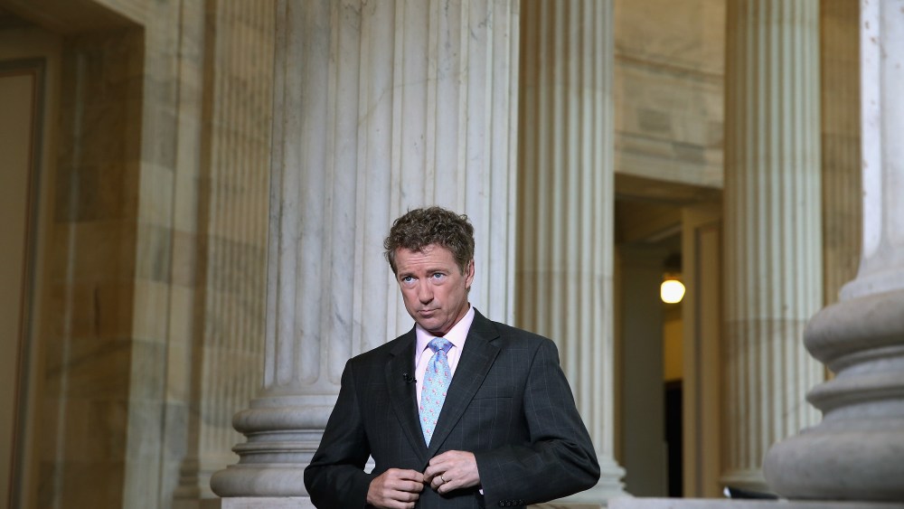 U.S. Sen. Rand Paul (R-KY) prepares to do a live interview with FOX News in the Russell Senate Office Building rotunda on Capitol Hill June 1, 2015 in Washington, DC. (Photo by Chip Somodevilla/Getty)