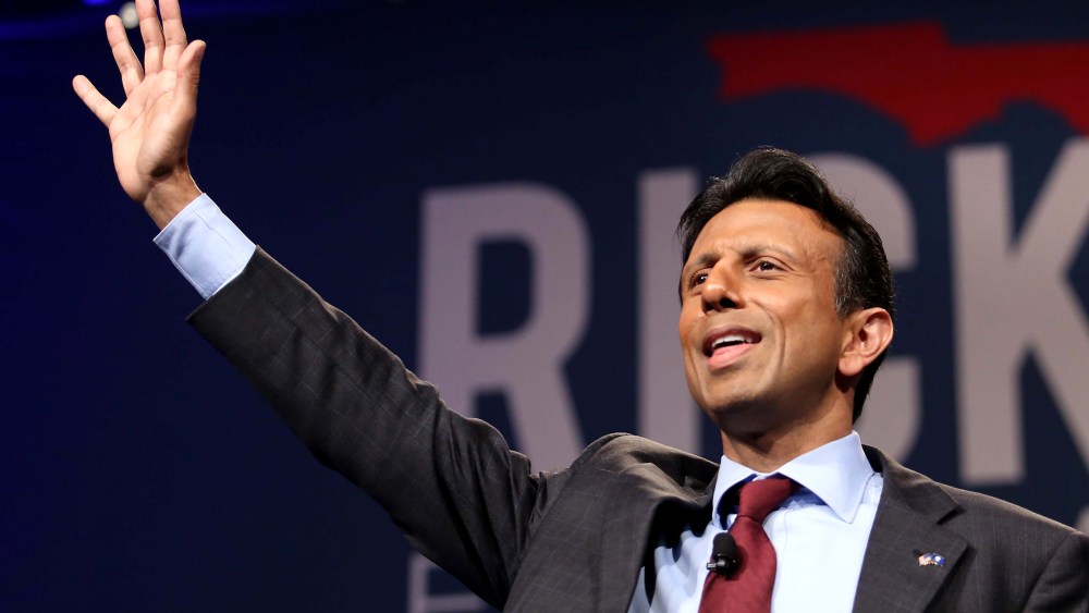 Louisiana Gov. Bobby Jindal waves to the crowd during Florida Gov. Rick Scott's Economic Growth Summit on June 2, 2015, at the Yacht & Beach Club Convention Center at Walt Disney World. (Photo by Joe Burbank/Orlando Sentinel/TNS/Getty)