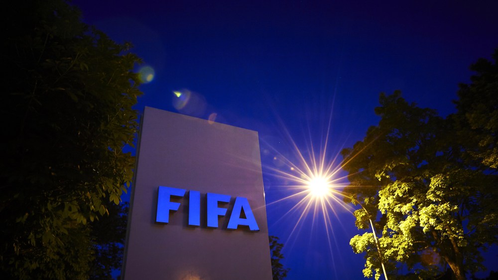 The FIFA logo is pictured at the FIFA headquarters on June 2, 2015 in Zurich. (Photo by Michael Buholzer/AFP/Getty)