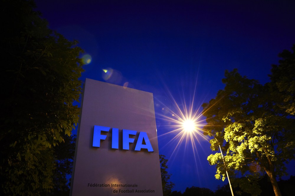 The FIFA logo is pictured at the FIFA headquarters on June 2, 2015 in Zurich. (Photo by Michael Buholzer/AFP/Getty)