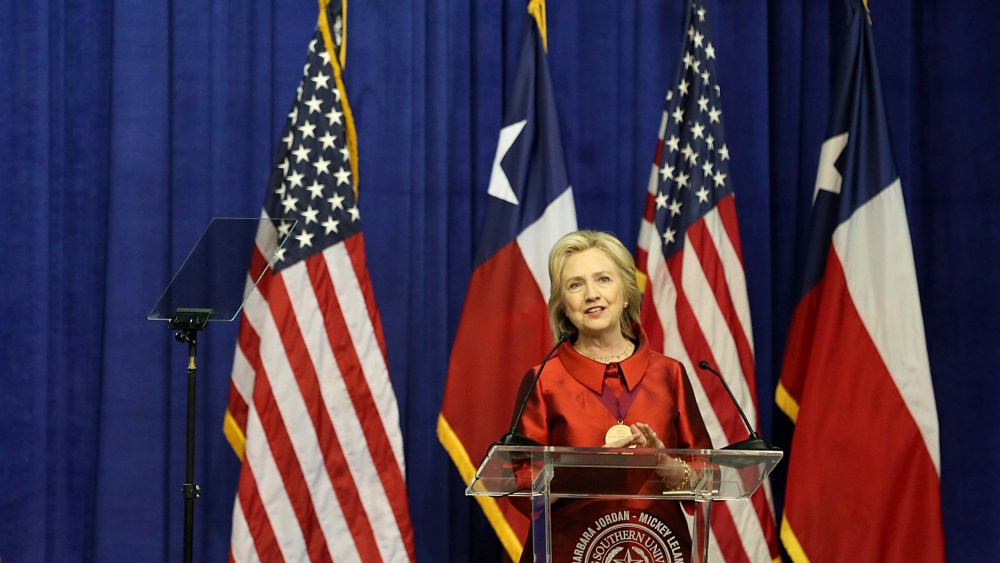 Hillary Clinton at the Inaugural Barbara Jordan Gold Medallion Awards at Texas Southern University, June 4, 2015. She urged swift action to restore the Voting Rights Act and replace provisions struck down by the Supreme Court. (Photo by Thomas Shea/Getty)