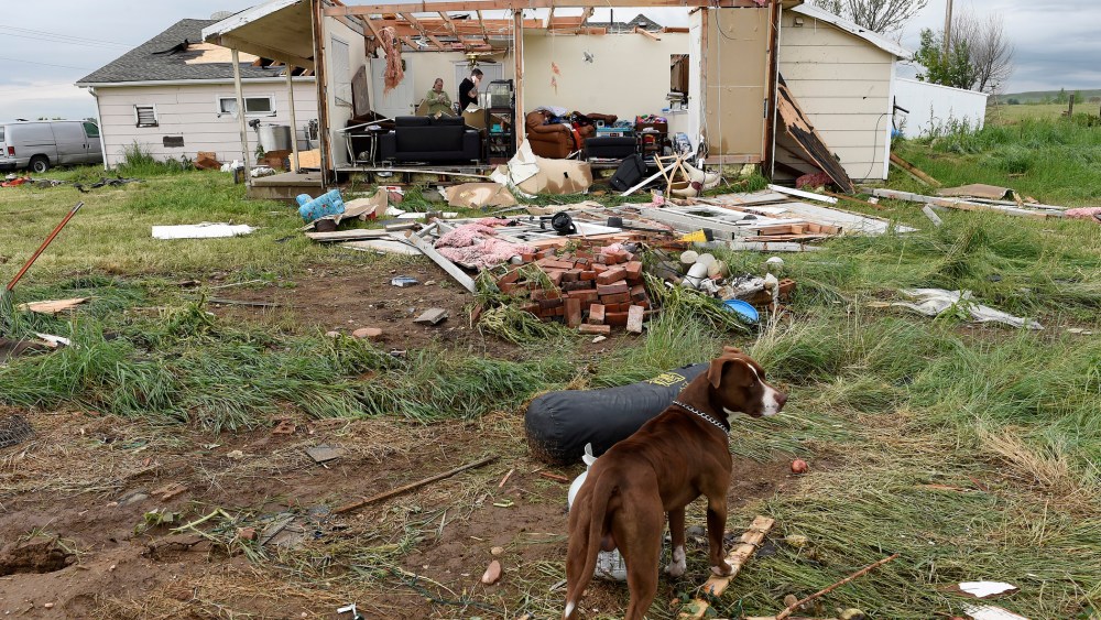 Brandon Scott, inside his home, and his dog Baxter, in front, survey the damage of their home after a tornado ripped through it in Longmont, Colo. on June 5, 2015. (Photo by Helen H. Richardson/The Denver Post/Getty)