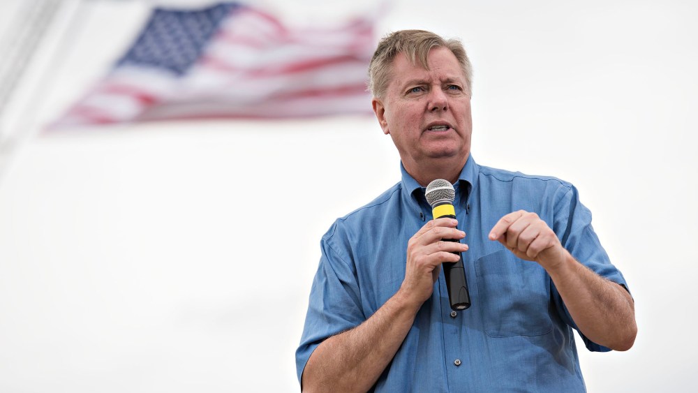 Sen. Lindsey Graham, a Republican from South Carolina and 2016 U.S. presidential candidate, speaks during the inaugural Roast and Ride in Boone, Iowa, U.S. on June 6, 2015 (Photo by Daniel Acker/Bloomberg/Getty Images).