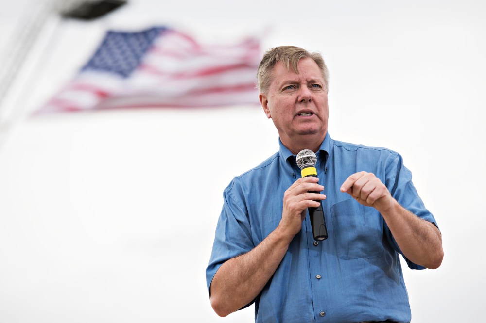 Senator Lindsey Graham speaks during the inaugural Roast and Ride in Boone, Iowa on June 6, 2015. (Photo by Daniel Acker/Bloomberg/Getty)