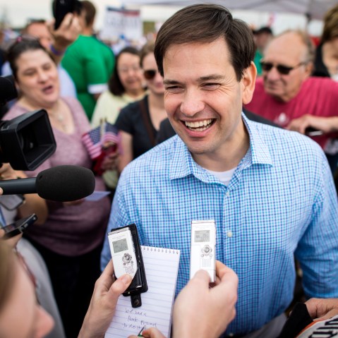 Republican presidential candidate Sen. Marco Rubio greets people during Jonis Roast & Ride, a daylong political fund-raiser for GOP candidates, in Boone, Ia., June 06, 2015. (Photo by Jabin Botsford/The Washington Post/Getty)