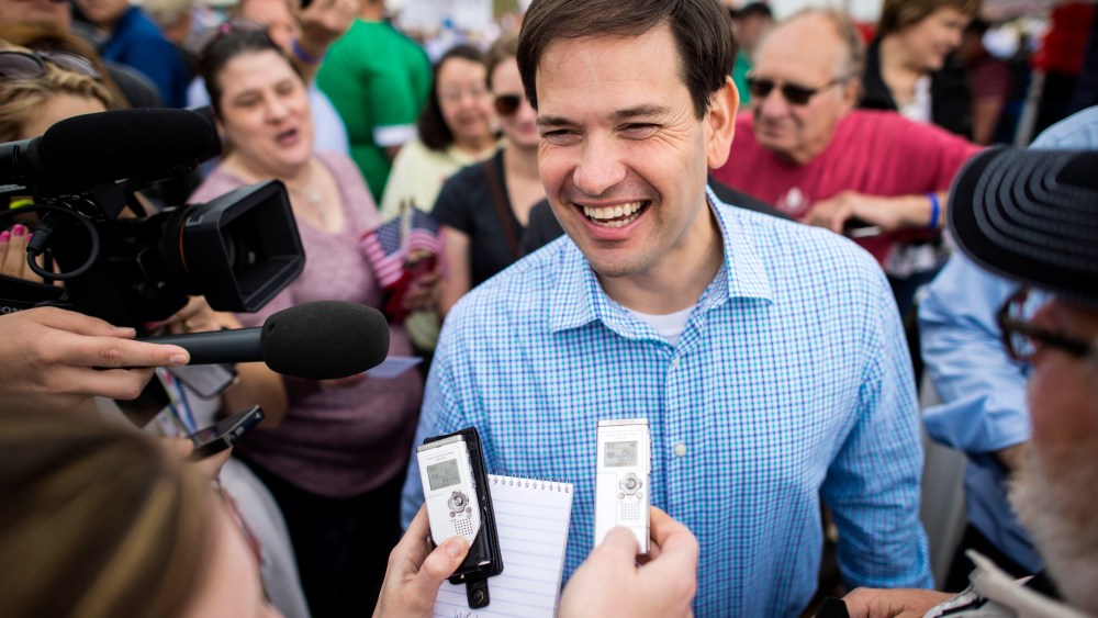 Republican presidential candidate Sen. Marco Rubio greets people during Jonis Roast & Ride, a daylong political fund-raiser for GOP candidates, in Boone, Ia., June 06, 2015. (Photo by Jabin Botsford/The Washington Post/Getty)