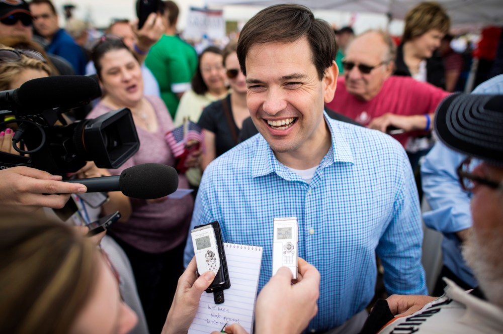 Republican presidential candidate Sen. Marco Rubio greets people during Jonis Roast & Ride, a daylong political fund-raiser for GOP candidates, in Boone, Ia., June 06, 2015. (Photo by Jabin Botsford/The Washington Post/Getty)