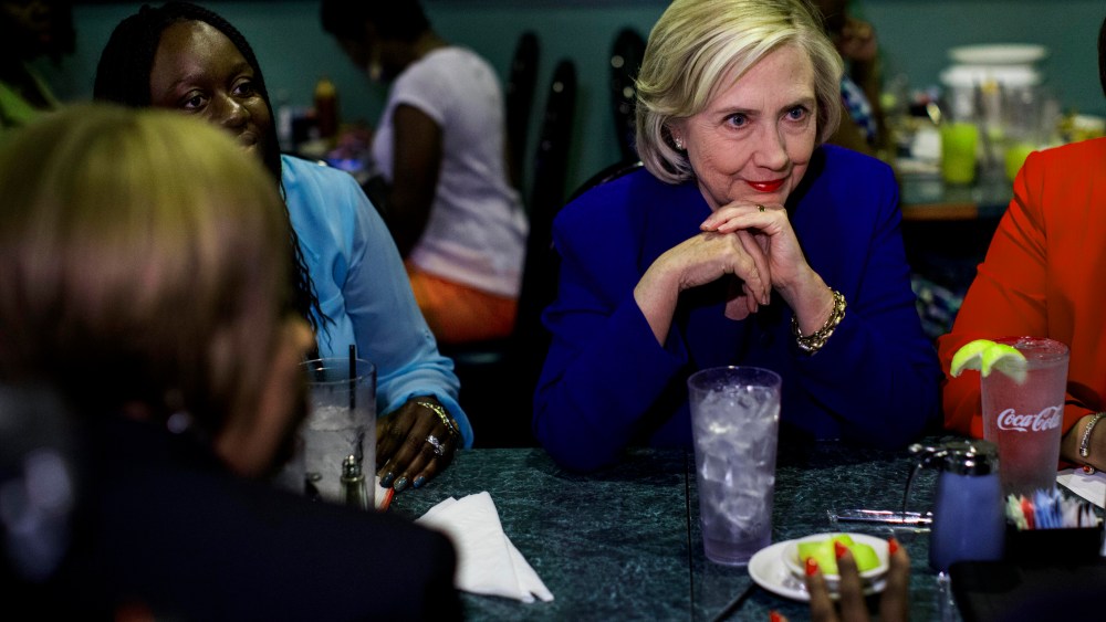 Former Secretary of State Hillary Clinton meets with community leaders at Kiki's Chicken and Waffles in Columbia, S.C., May 27, 2015. (Photo by Melina Mara/The Washington Post/Getty)