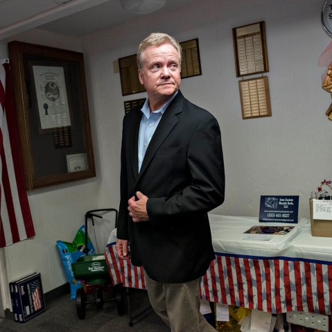Jim Webb, former senator from Virginia, arrives to speak at an Urbandale Democrats Flag Day gathering in Urbandale, Iowa on June 14, 2015. (Photo by Daniel Acker/Bloomberg/Getty)