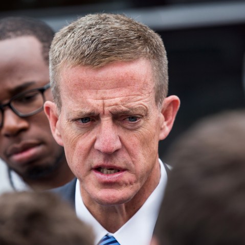 Clinton County District Attorney Andrew Wylie speaks to the media after a hearing for Joyce Mitchell, a prison worker who allegedly helped two convicts escape from prison, outside Plattsburgh City Court on June 15, 2015.(Photo by Andrew Burton/Getty)