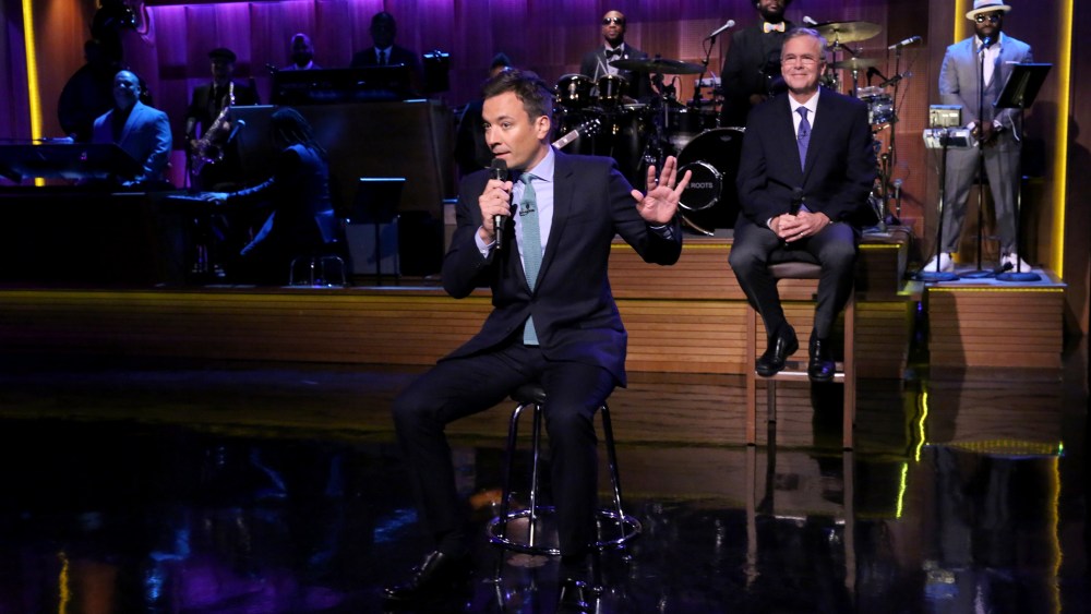 Host Jimmy Fallon and Former Governor Jeb Bush "Slow Jam the News" on The Tonight Show, June 16, 2015.(Photo by Douglas Gorenstein/NBC/NBCU Photo Bank/Getty)