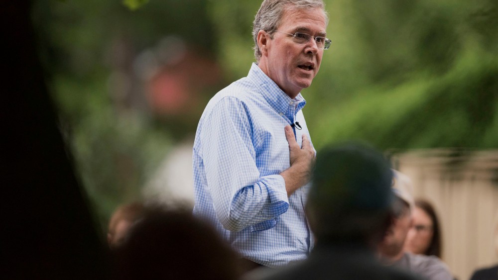 Jeb Bush, Republican 2016 U.S. presidential candidate, speaks during a campaign stop outside a residence in Washington, Ia., June 17, 2015. (Photo by Daniel Acker/Bloomberg/Getty)