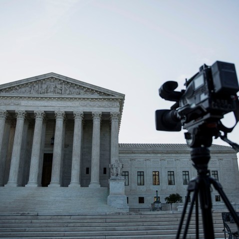 A camera sits on a tripod in front of the U.S. Supreme Court in Washington, D.C. (Drew Angerer/Bloomberg/Getty).