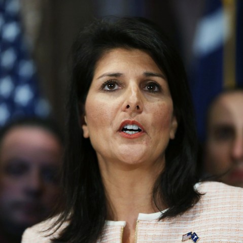 S.C. Gov. Nikki Haley speaks to the media as she asks that the Confederate flag be removed from the state capitol grounds on June 22, 2015 in Columbia, S.C. (Photo by Joe Raedle/Getty)