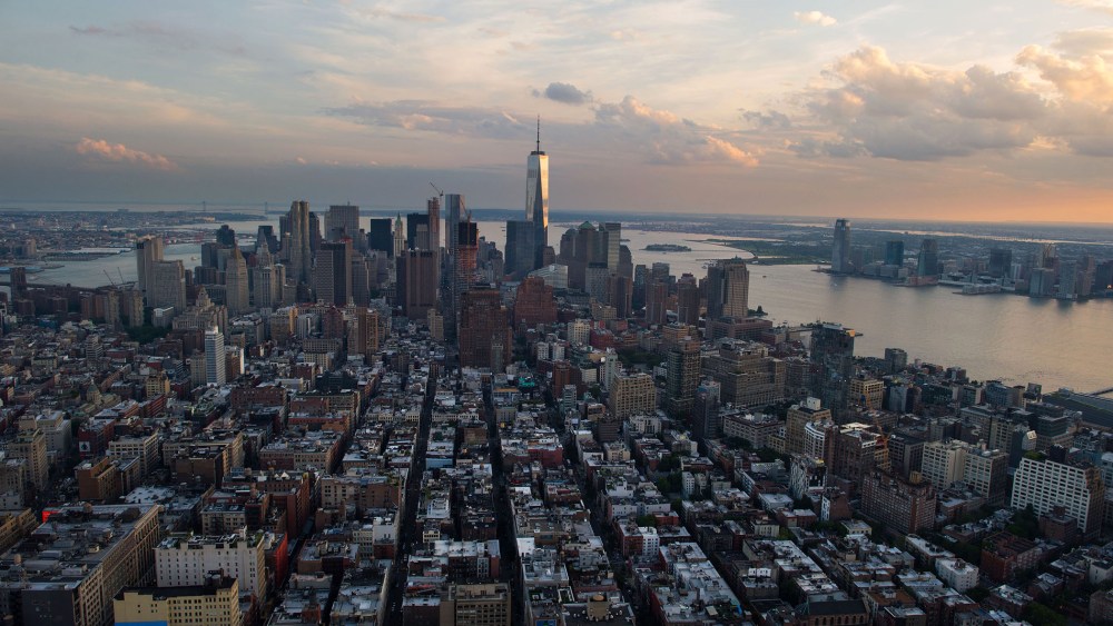 One World Trade Center stands the Lower Manhattan skyline at dusk in this aerial photograph taken above New York, June 19, 2015. (Photo by Craig Warga/Bloomberg/Getty)