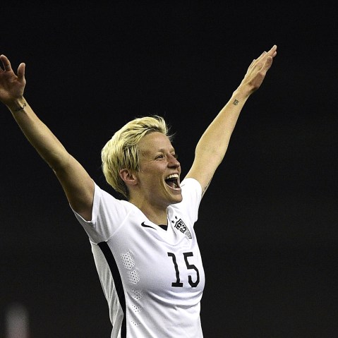 USA midfielder Megan Rapinoe celebrates after winning the semi-final football match between USA and Germany during their 2015 FIFA Women's World Cup at the Olympic Stadium in Montreal on June 30, 2015. (Photo by Franck Fife/AFP/Getty)