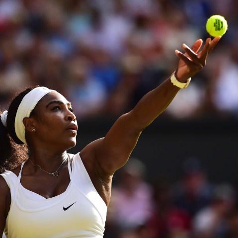 Serena Williams serves in her Ladies Singles Third Round match during day five of the Wimbledon Lawn Tennis Championships at the All England Lawn Tennis and Croquet Club on July 3, 2015 in London, England. (Photo by Shaun Botterill/Getty)