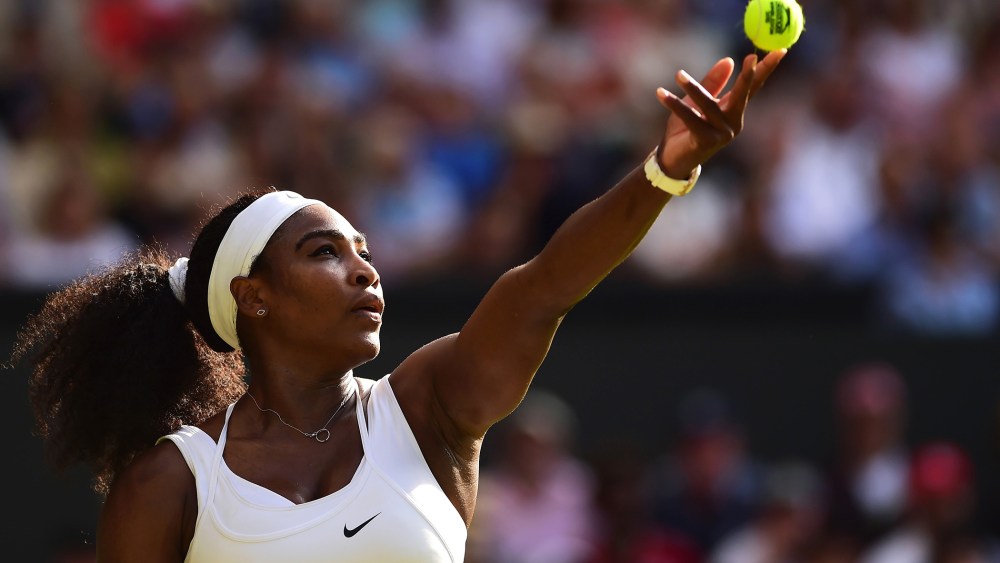 Serena Williams serves in her Ladies Singles Third Round match during day five of the Wimbledon Lawn Tennis Championships at the All England Lawn Tennis and Croquet Club on July 3, 2015 in London, England. (Photo by Shaun Botterill/Getty)