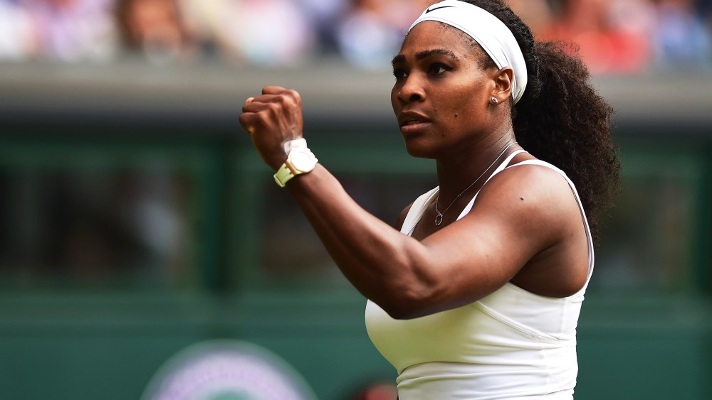 Serena Williams celebrates a point during her match on day five of the Wimbledon Lawn Tennis Championships at the All England Lawn Tennis and Croquet Club on July 3, 2015 in London, England. (Photo by Shaun Botterill/Getty)