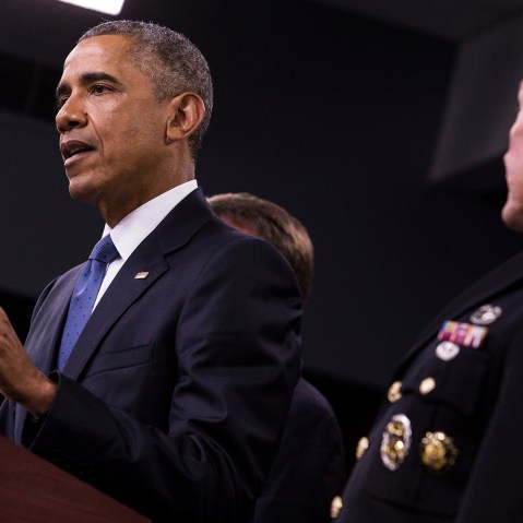 U.S. President Barack Obama, left, speaks during a news conference with General Martin Dempsey, chairman of the Joint Chiefs of Staff, at the Pentagon in Arlington, Va. on July 6, 2015. (Photo by Drew Angerer/Bloomberg/Getty)